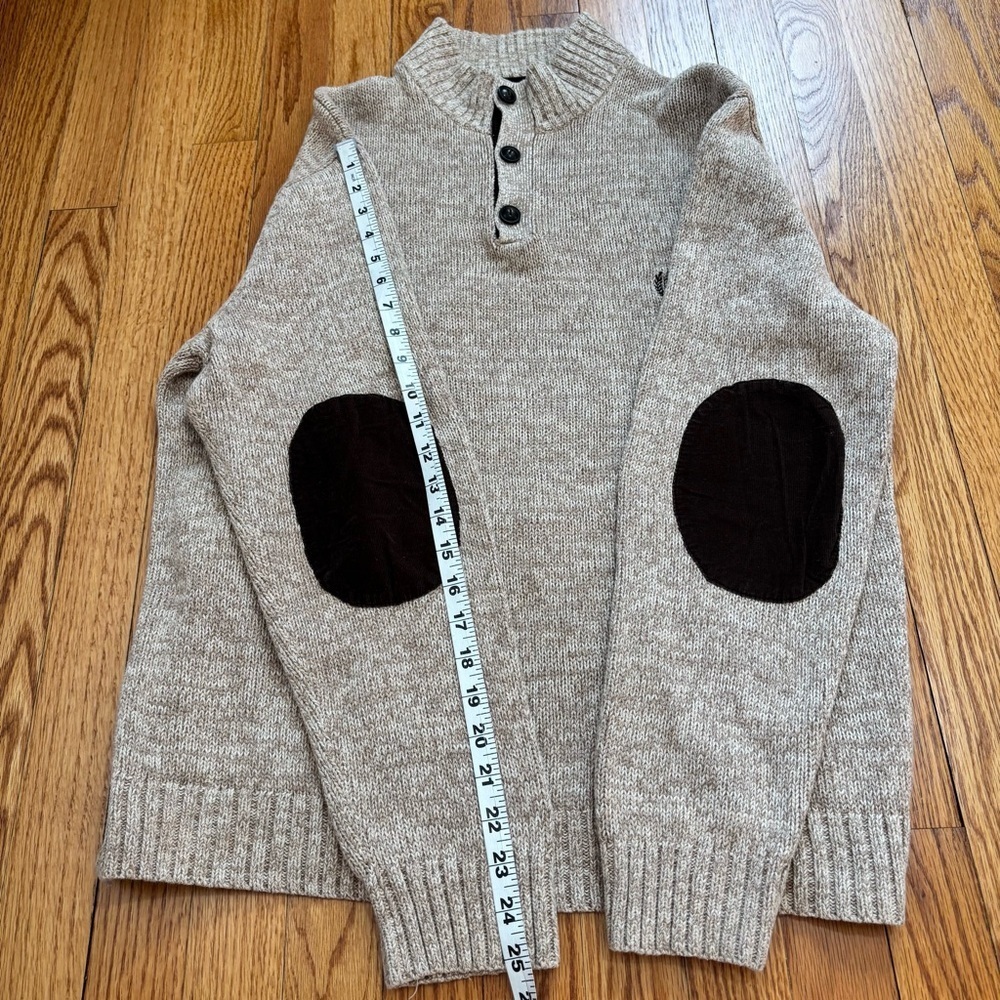 Chaps Men Beige Brown Quarter Button Long Sleeve Elbow Patch Cotton Knit sweater - Picture 13 of 16